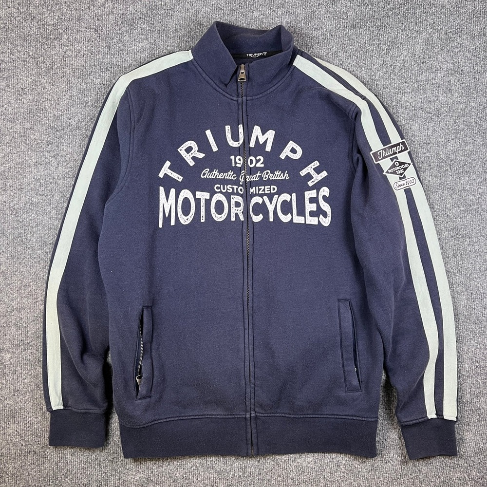 Triumph Motorcycles Jacket Mens L Blue Full Zip Sweatshirt Racing Patches